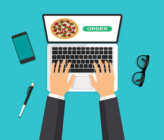 Vector pizza on a laptop screen. hands are typing on computer keyboard and push a button. food ordering and delivery. top view. vector illustration in a 3d style.