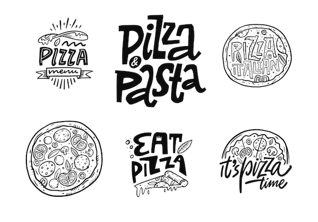 Pizza lettering set. Hand drawn black and white color phrase and text.