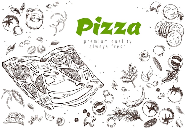 Pizza line banner Engraved style doodle background Savoury pizza ads Tasty vector banner for cafe restaurant or food delivery service