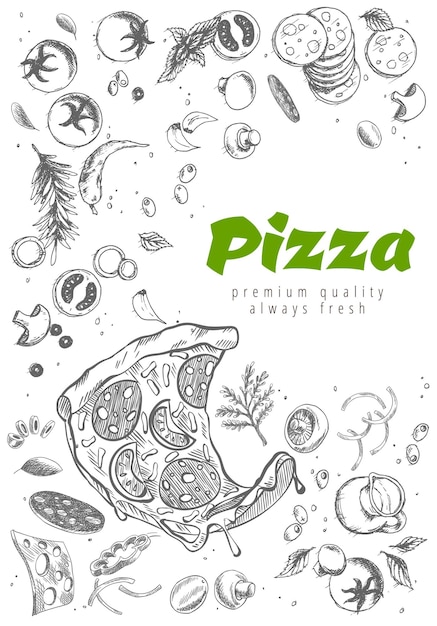 Pizza line banner Engraved style doodle background Savoury pizza ads Tasty vector banner for cafe restaurant or food delivery service