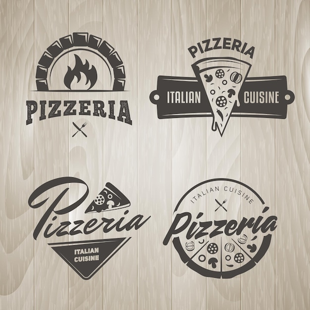 Pizza logos.Labels for trattoria, pizzeria, Italian cuisine restaurant on vintage wooden background