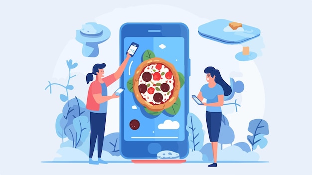 Vector pizza making online tutorial man and woman learning on smartphone