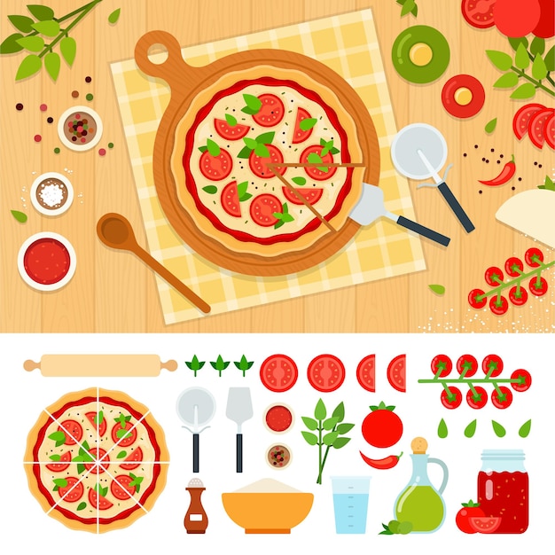 Pizza margarita and ingredients vector set with oil flour pepper tomato water oregano