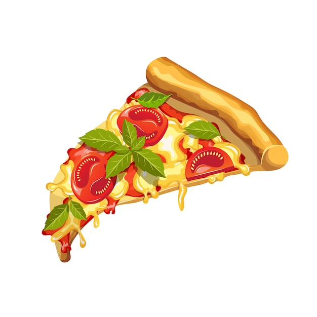 Pizza Margherita. Pizza with tomato, basil, and mozzarella cheese. Slice of pizza on a white background.