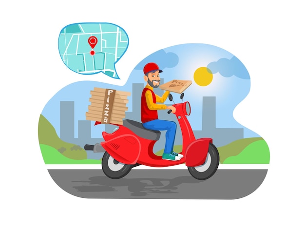 Pizza motorbike delivery. Urban landscape with food courier driving bike fast delivery vector concept