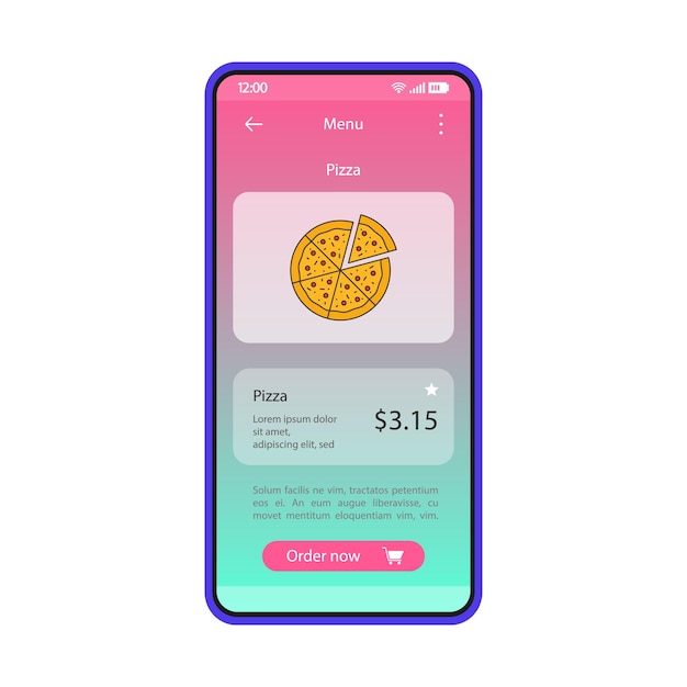 Pizza ordering app smartphone interface vector template. Mobile screen page blue design layout. Italian food delivery application. Gradient flat UI. Pizzeria menu. Dish ingredients on phone display
