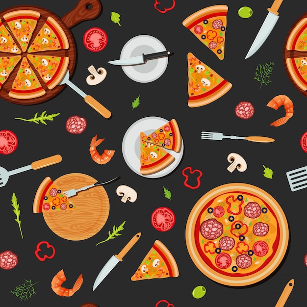 Pizza Seamless Pattern with Ingredients