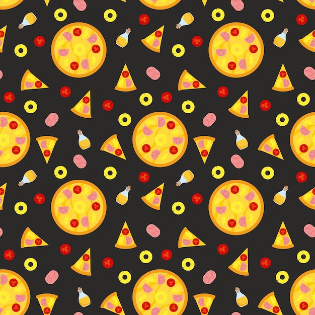 Pizza seamless pattern with slices and ingredients.