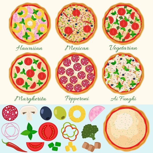 Pizza set. Hawaiian, Margherita, Pepperoni, Vegetarian, Mexican, Mushroom pizza. Isolated pizza ingredients