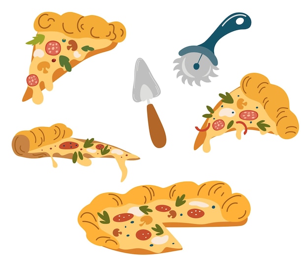 Pizza set Pizza slices with cheese sausage pepper and mushrooms Pizza knife and spatula Tasty fast food Vector cartoon hand draw illustration