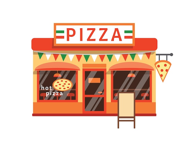 Vector pizza shop flat vector illustration. pizzeria building facade with signboard isolated on white background. small cafe with traditional italian cuisine. cartoon pizza margarita restaurant.