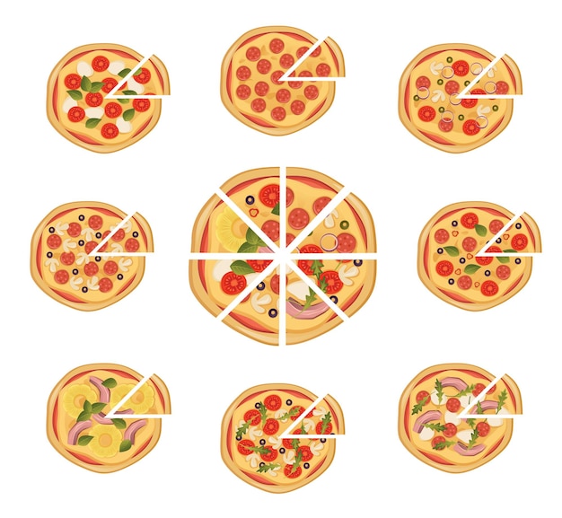 Pizza slice tasty different set vector illustration isolated