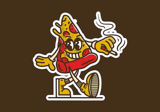 Pizza sticker with a cartoon pizza character smoking a cigarette.