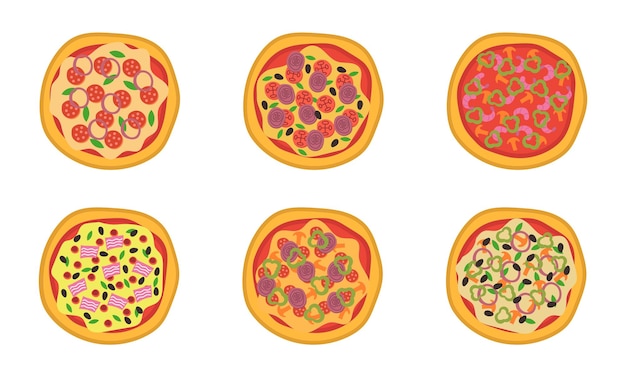 Pizza top view icons set Italian food with tomato and cheese isolated on white background