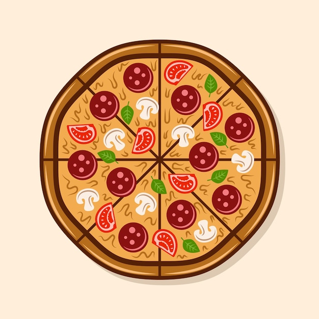 Pizza top view vector colored illustration isolated on light background