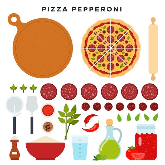 Pizza with classic italian sausages pepperoni and all ingredients for cooking it