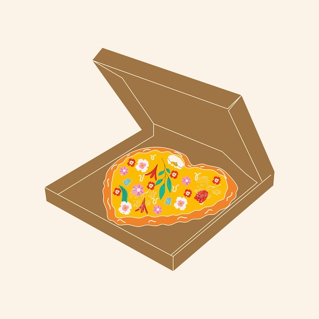 Pizza with different flowers. Spring pizza. Hand drawn vector illustration.