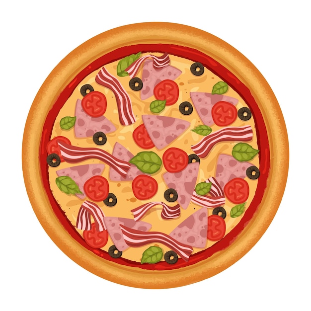 Pizza with ham bacon tomatoes olives and basils