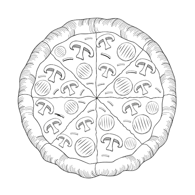 Pizza with ham and mushrooms outline illustration