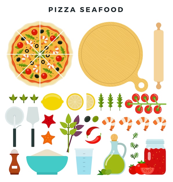 Pizza with seafood and all ingredients for cooking it