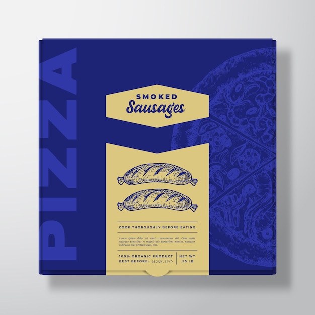 Pizza with Smoked Sausages Realistic Cardboard Box Mockup. Abstract Vector Packaging Design or Label. Modern Typography, Sketch Food and Color Paper Background Layout. Isolated.