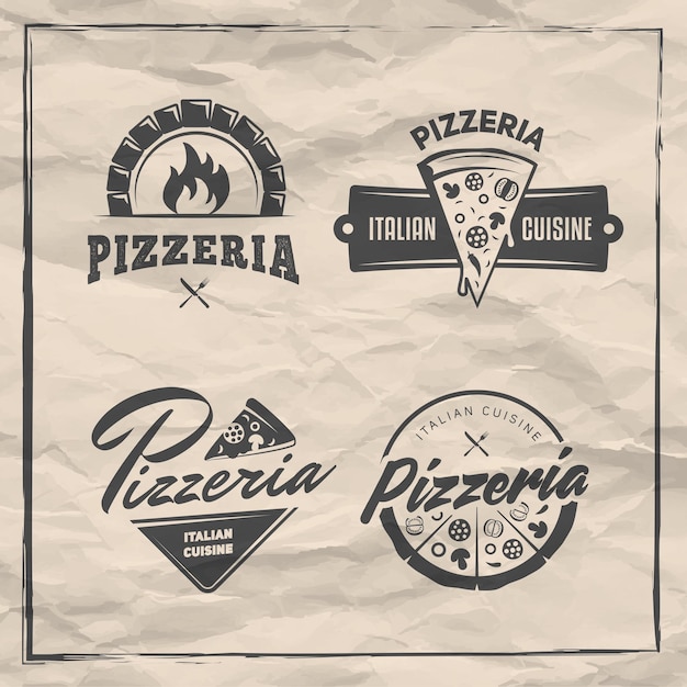 Pizzeria badges Set of pizza logos with whole pizzas and slices Labels for trattoria or pizzeria