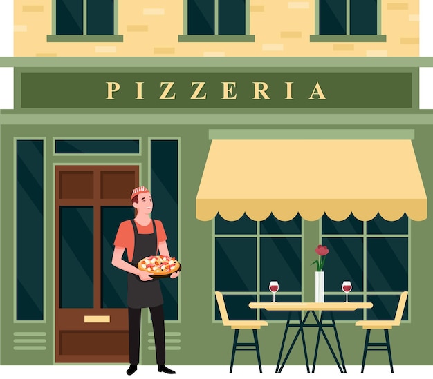 Vector pizzeria city street facade illustration.