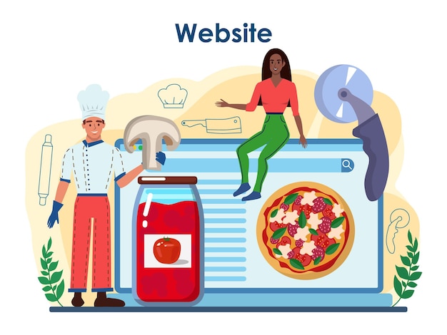 Pizzeria online service or platform. Chef cooking tasty delicious pizza