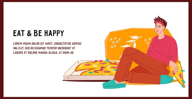 Pizzeria pizza delivery vector banner or flyer mockup with happy client enjoying food