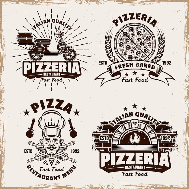 Pizzeria set of vector emblems badges labels or logos in vintage style on background with removable grunge textures