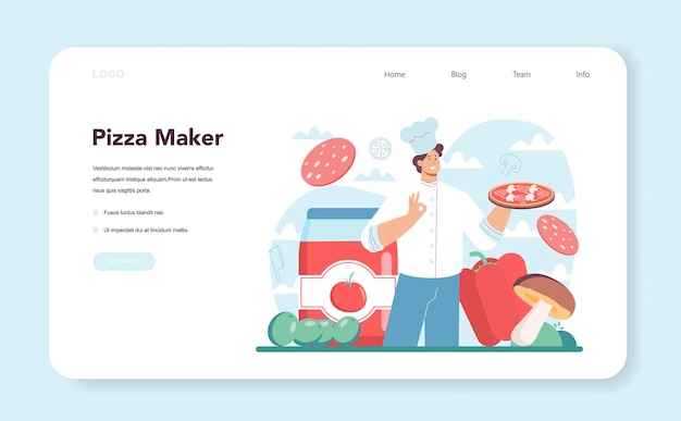 Pizzeria web banner or landing page chef cooking tasty delicious pizza