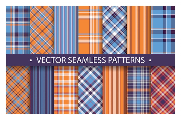 Plaid pattern seamless ornate. Set blue and orange color vector background. Fabric texture collection.