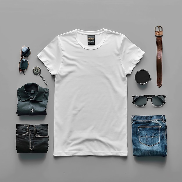 Vector plain white mens tshirt set as a flatlay