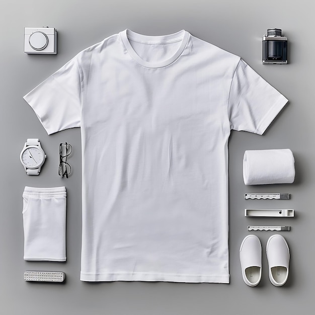 Vector plain white mens tshirt set as a flatlay