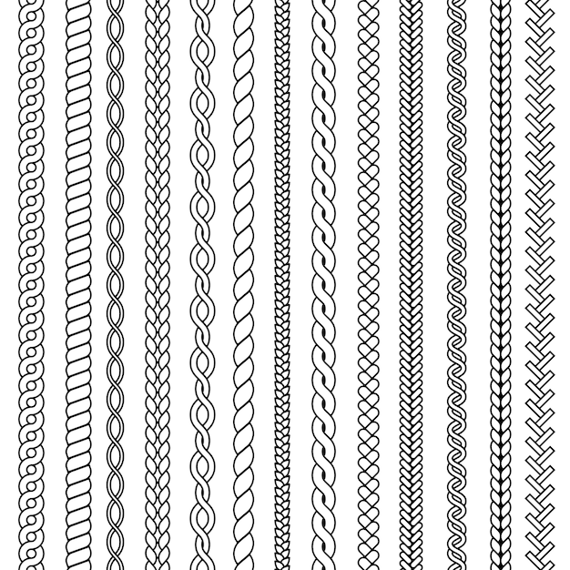 Plaits and braids. Waves knitted drawing ornamental seamless collection. Pattern braid and thread, string plait