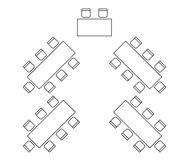 Plan for arranging seats and tables in interior on event banquet herringbone. Line furniture top