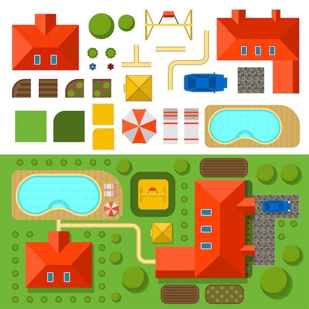 Plan of private house with garden, pool and car vector illustration