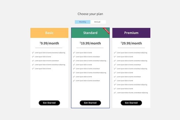 Vector plan subscription price table design template