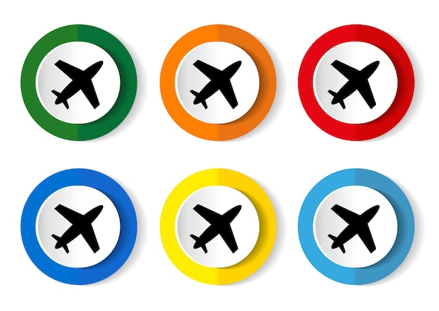 Plane flight airplane icons set of colorful buttons in 6 color options