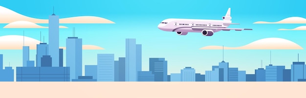 Plane flying in sky over cityscape travel by airplane vacation adventure transportation travel concept