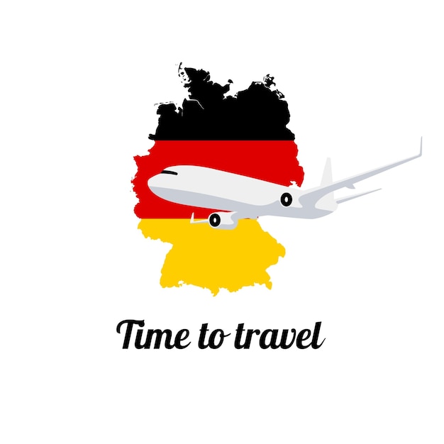 Plane on the Germany map painted in national flag colors Travel poster template Flying airplane V