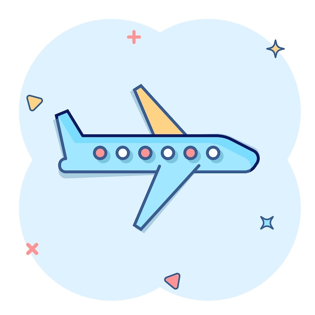 Vector plane icon in comic style airplane cartoon vector illustration on white isolated background flight airliner splash effect business concept