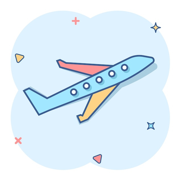 Vector plane icon in comic style airplane cartoon vector illustration on white isolated background flight airliner splash effect business concept