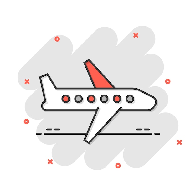 Vector plane icon in comic style airplane cartoon vector illustration on white isolated background flight airliner splash effect business concept