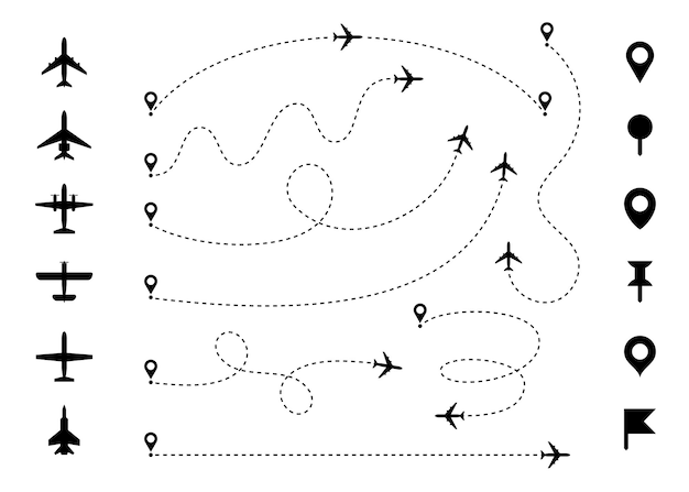 Plane route line Airplane with dashed trace and map pin at start Various aircrafts and destination pins icons Editable stroke path Infographic vector set