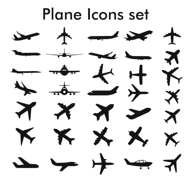 Plane silhouette set. Set of Different Kind of Airplanes Silhouettes in flight, takeoff, running.