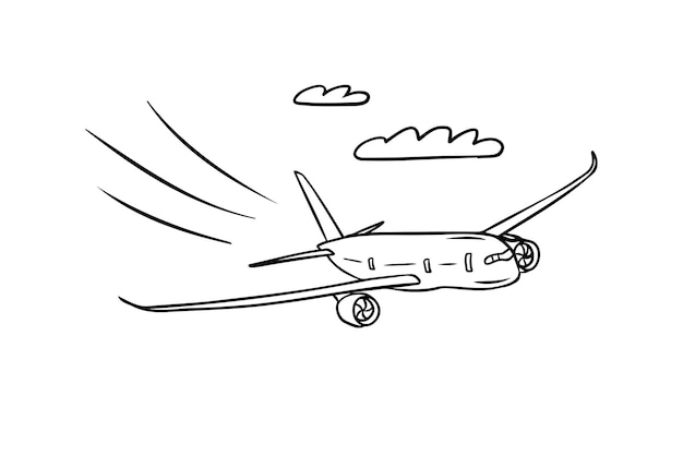 Plane in the sky clouds element outline doodle sketch simple line drawing style Template isolated