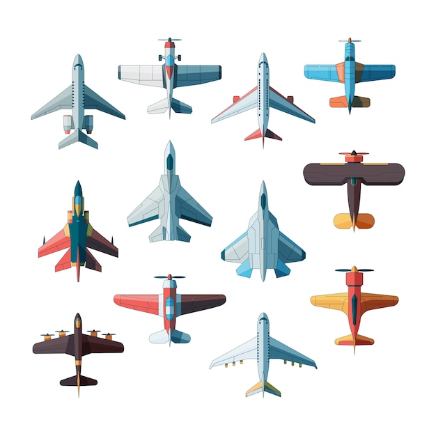 Planes top view. Jet military aircraft  flat pictures isolated