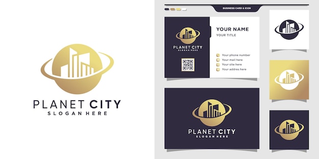 Planet city logo and business card design. Premium Vector