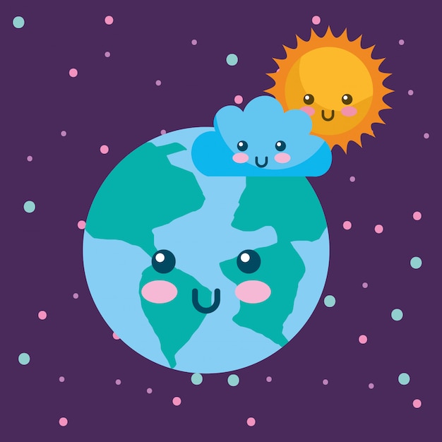 planet earth sun and cloud kawaii weather